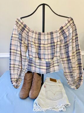 Arizona Jean Co Plaid Smocked Crop Top L Milkmaid Puff Sleeve Cottagecore